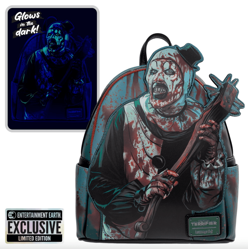Loungefly Terrifier Art the Clown Blood Splatter mini-backpack, front view with glow-in-the-dark inset