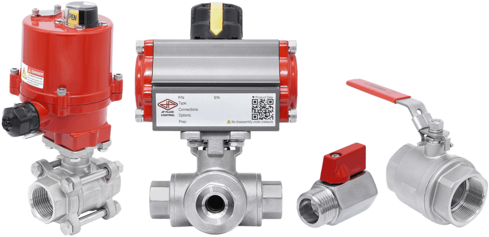 TamesonPRO stainless steel ball valves lineup, including electric and pneumatic actuated 3-way and 2-way valves