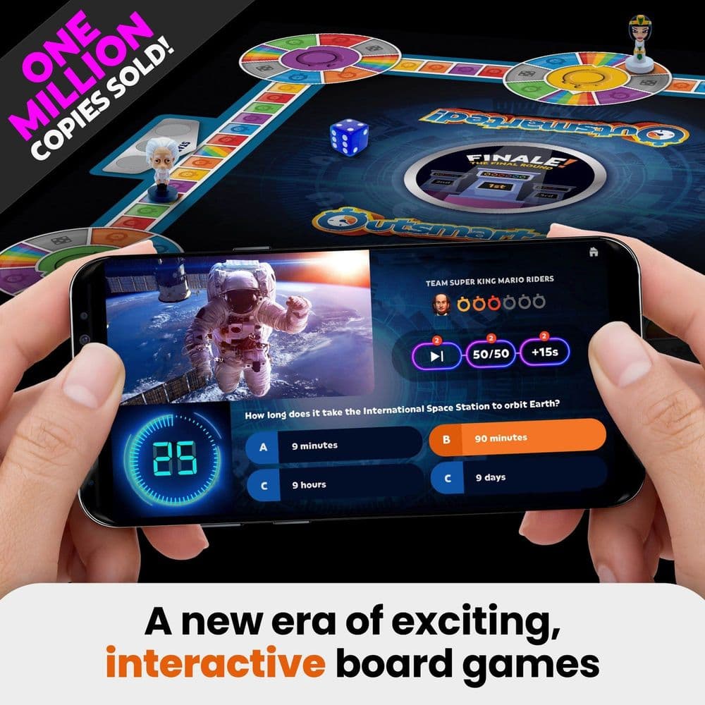 A family playing the Outsmarted board game together with the companion app on their phones